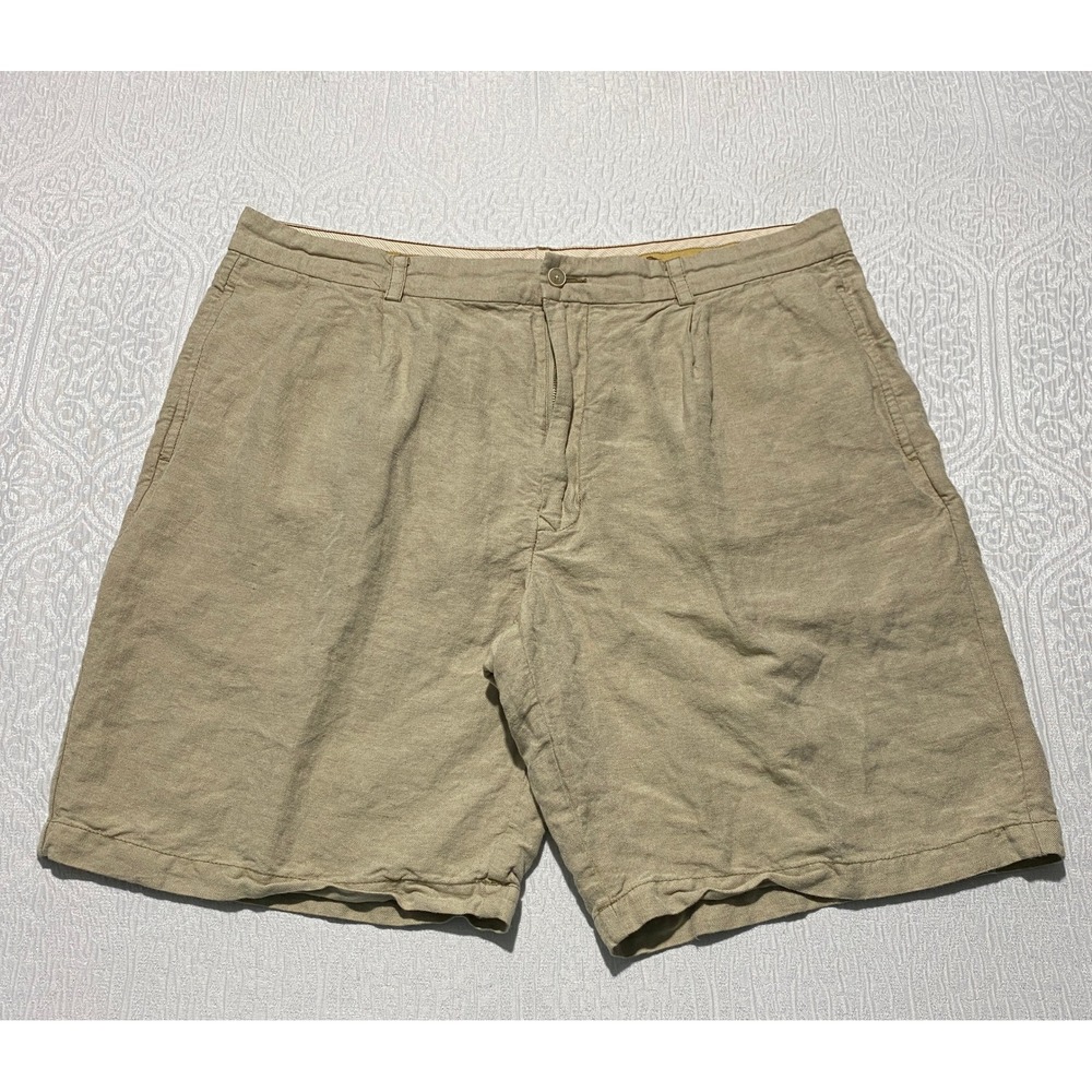 Tommy‎ Bahama Mens 38 Khaki Linen Silk Herringbone Pleated Shorts Tan